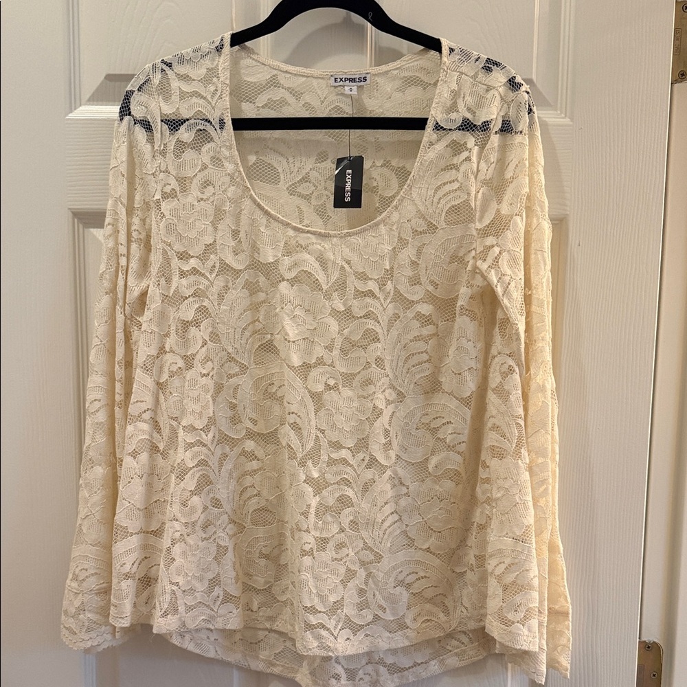 Express Cream Lace Long Sleeve Scoop Neck Blouse